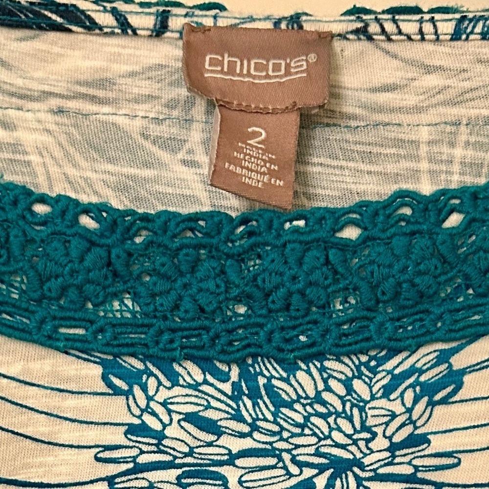 Chico's Size 2 Exploded Garden Lace-Trim Dolman Top in
Cozumel Blue, NWT - Picture 5 of 12